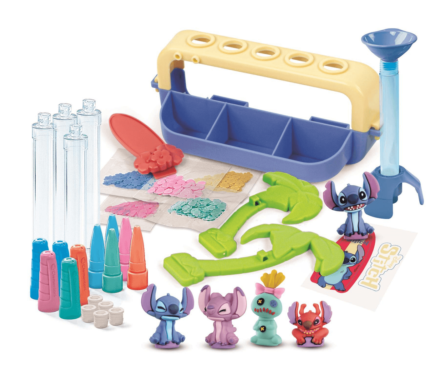 Set de juego de Stitch con soporte azul, tubos de ensayo, figuras, purpurina y accesorios.