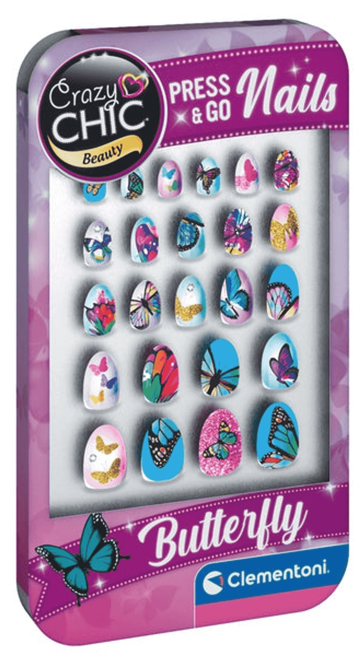 Set de uñas Crazy Chic Press & Go con varios patrones coloridos de mariposas en una caja rosa.