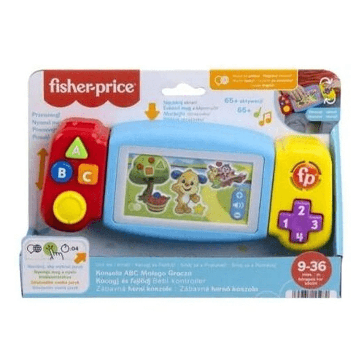 Consola de aprendizaje Fisher-Price en caja con pantalla azul y mangos rojo y amarillo con botones.