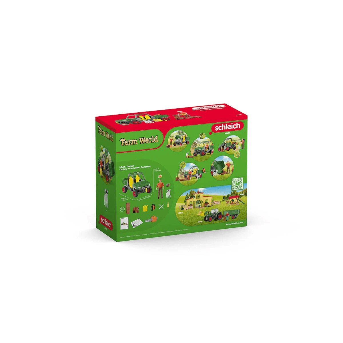 Verpackung der Schleich Farm World Spielzeugbox mit grünen Fahrzeugen und Bauernhof-Motiven.