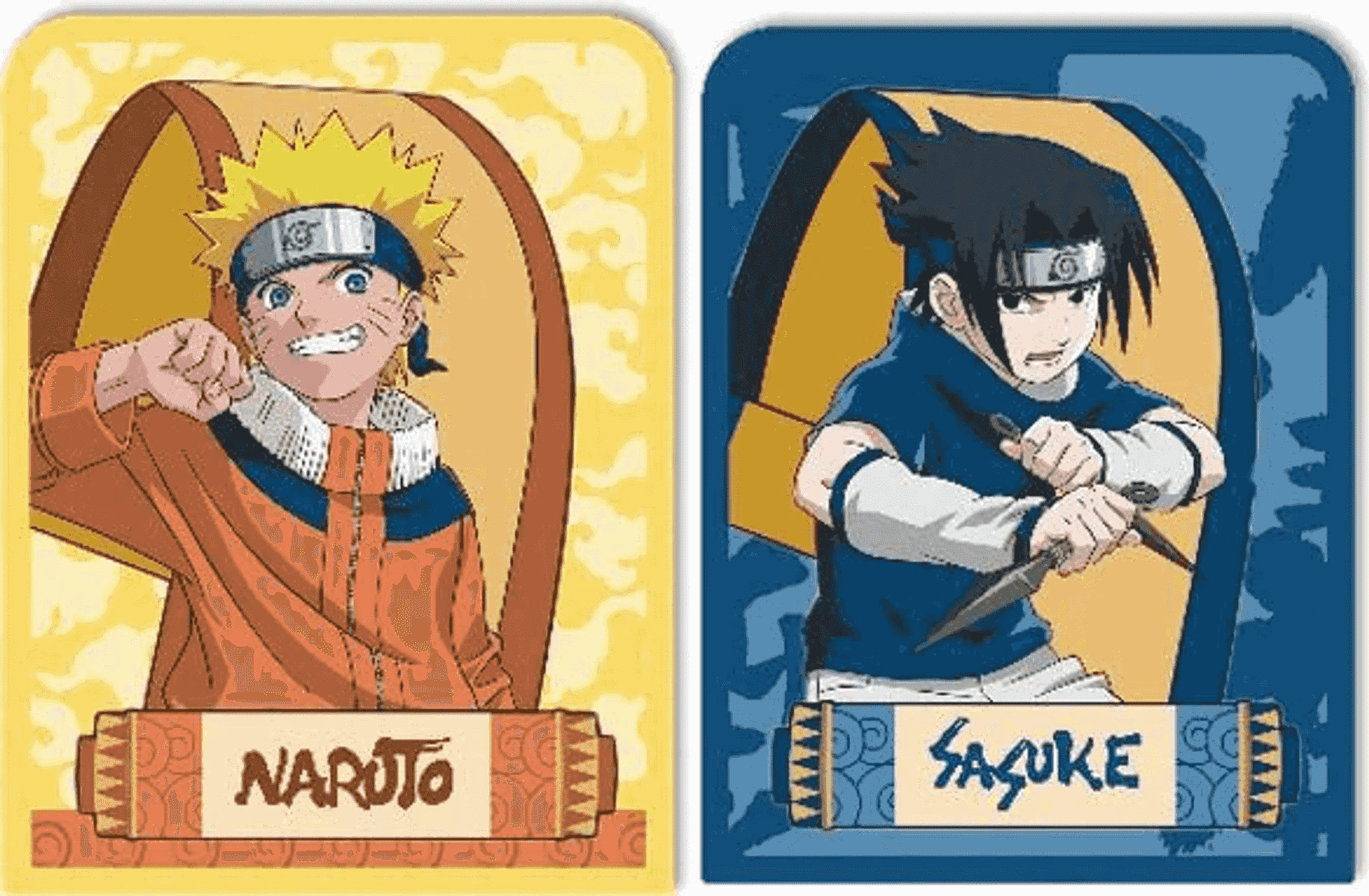 Dos tarjetas coleccionables con Naruto en amarillo y Sasuke en azul, cada una con su nombre.