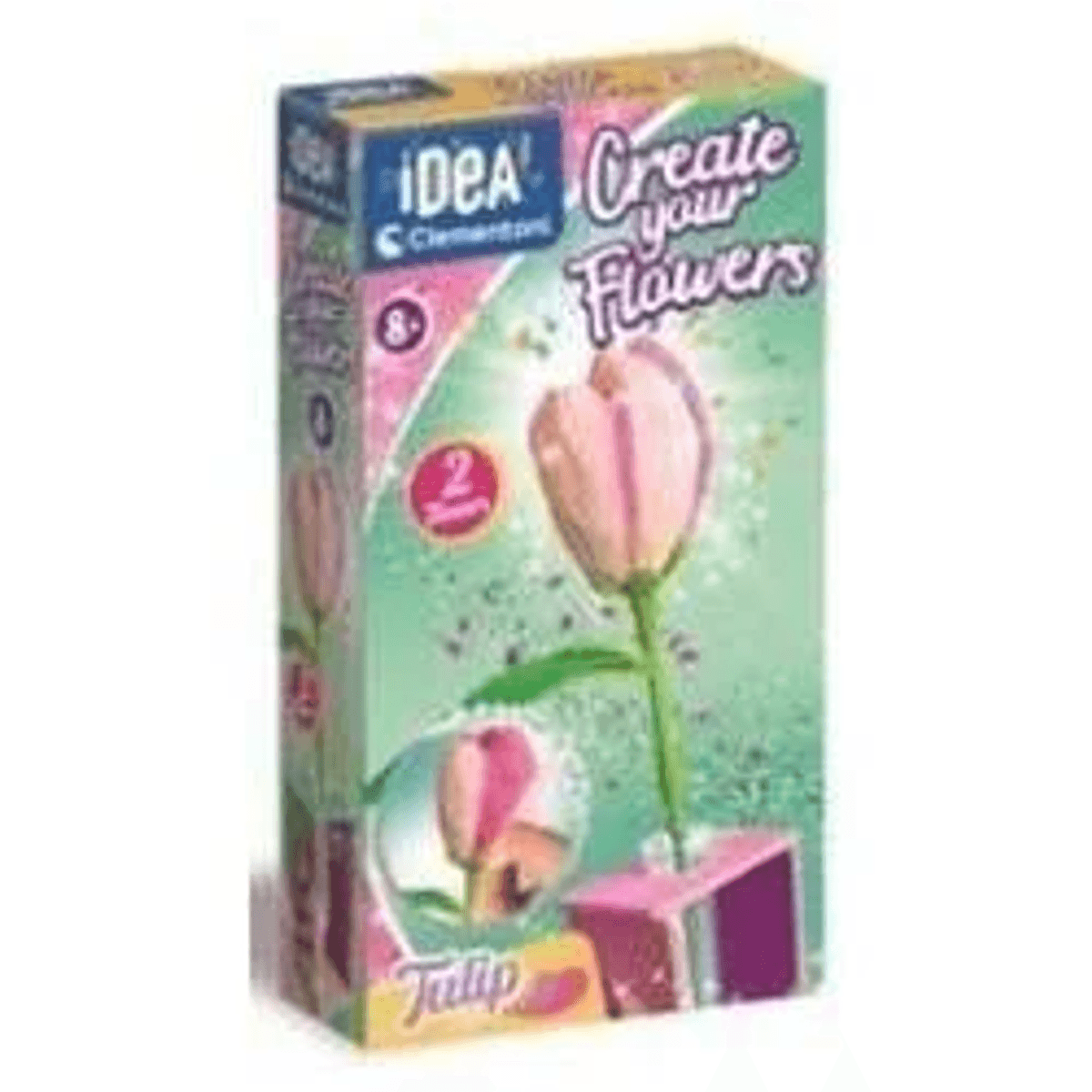 Caja de producto de un kit de manualidades 'Create your Flowers' con un diseño de tulipán rosa.