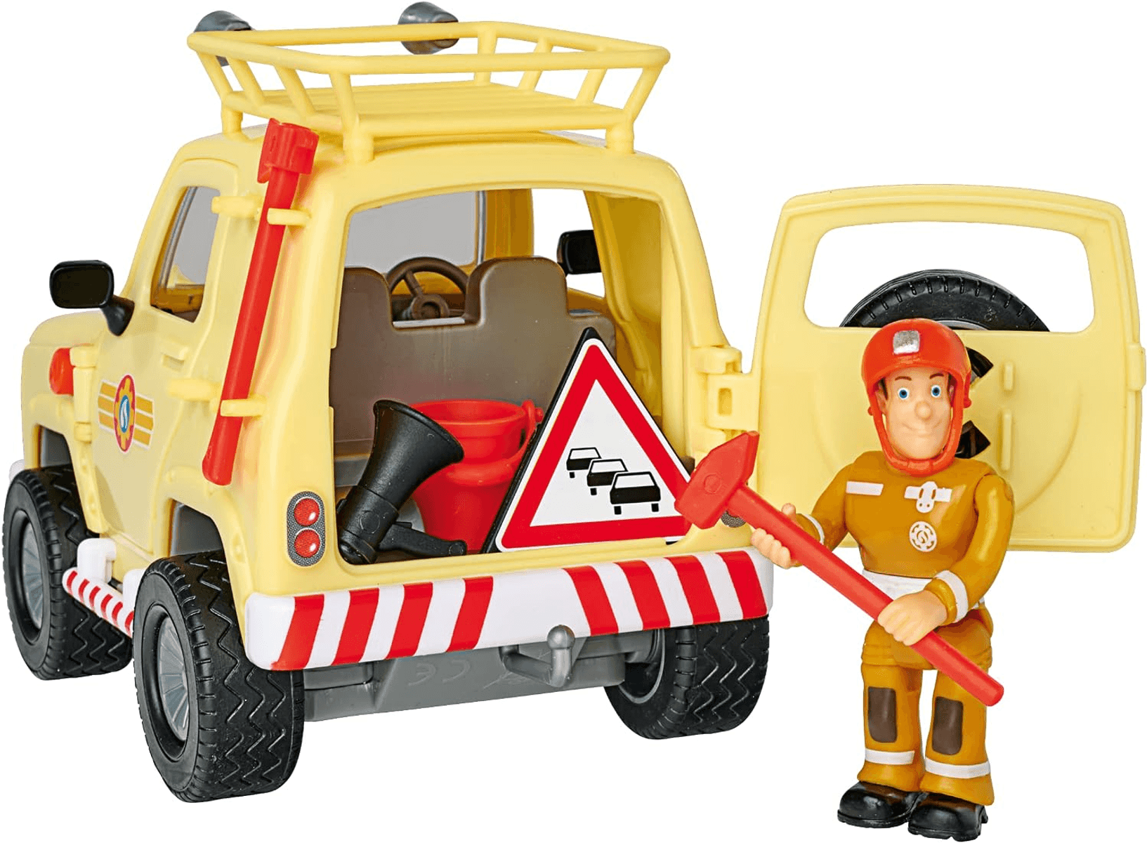 Un vehículo de bomberos de juguete amarillo con el maletero abierto y una figura de bombero al lado.