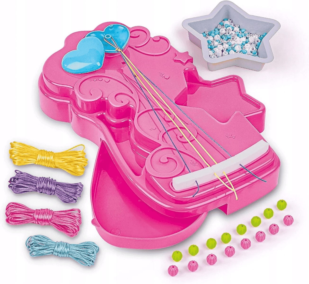 Set de manualidades rosa con hilos de colores y cuentas en un bol de estrella.
