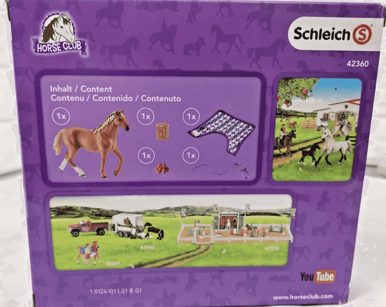 Lila Schleich Horse Club Spielzeugverpackung mit Abbildungen von Pferdezubehör und Inhalt.