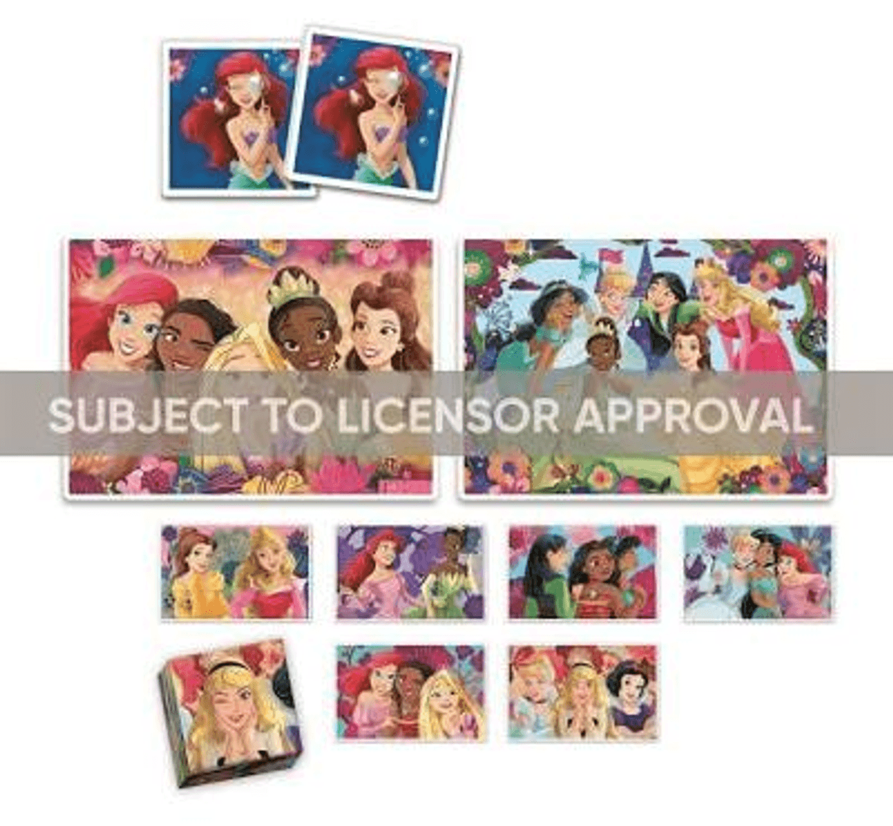 Varie immagini di principesse Disney tra cui Ariel, Tiana e Belle, con il testo 'Subject to licensor approval'.