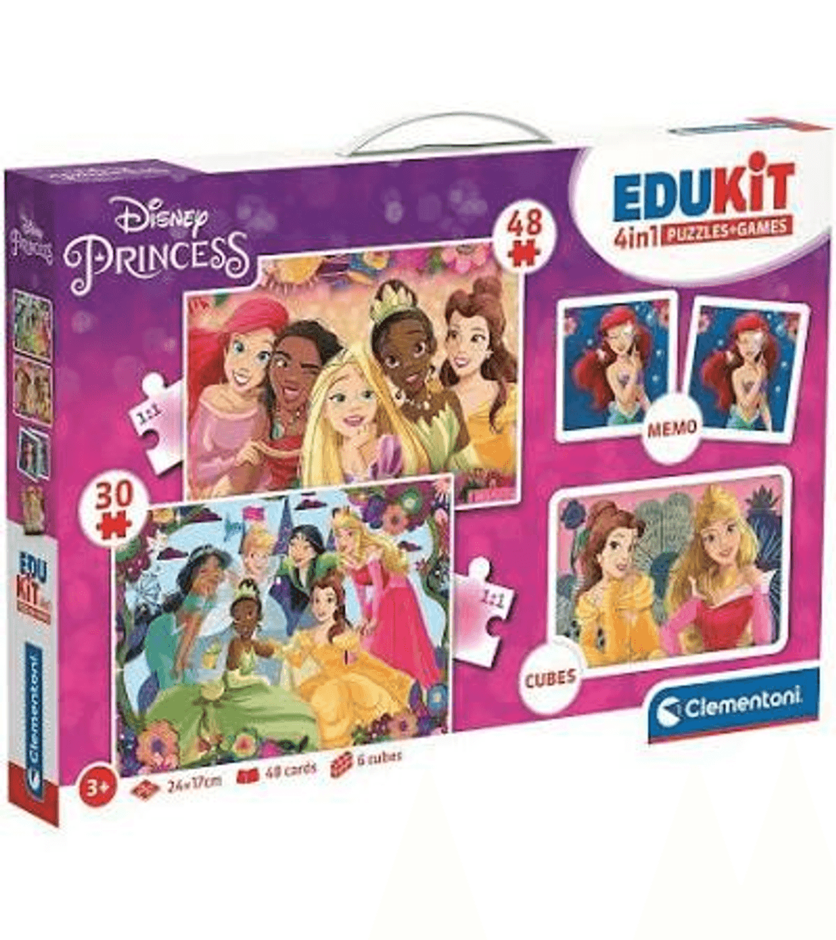 Una scatola Disney Princess Edukit con puzzle e giochi di varie principesse.