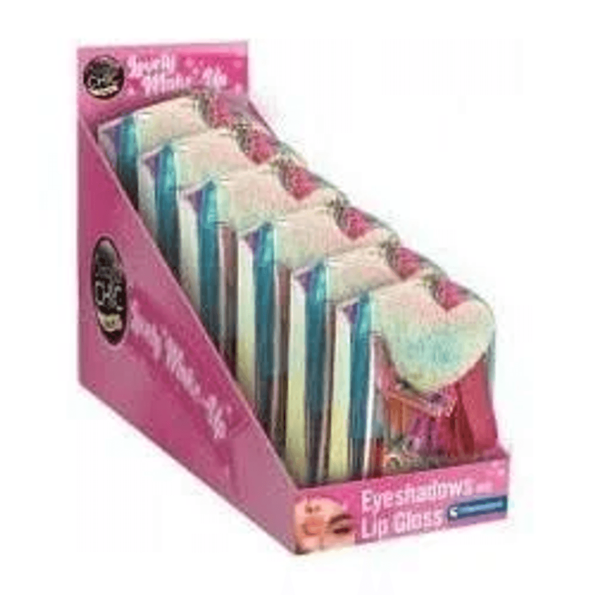 Una caja expositora rosa llena de múltiples paletas de maquillaje coloridas con sombras y brillo labial.
