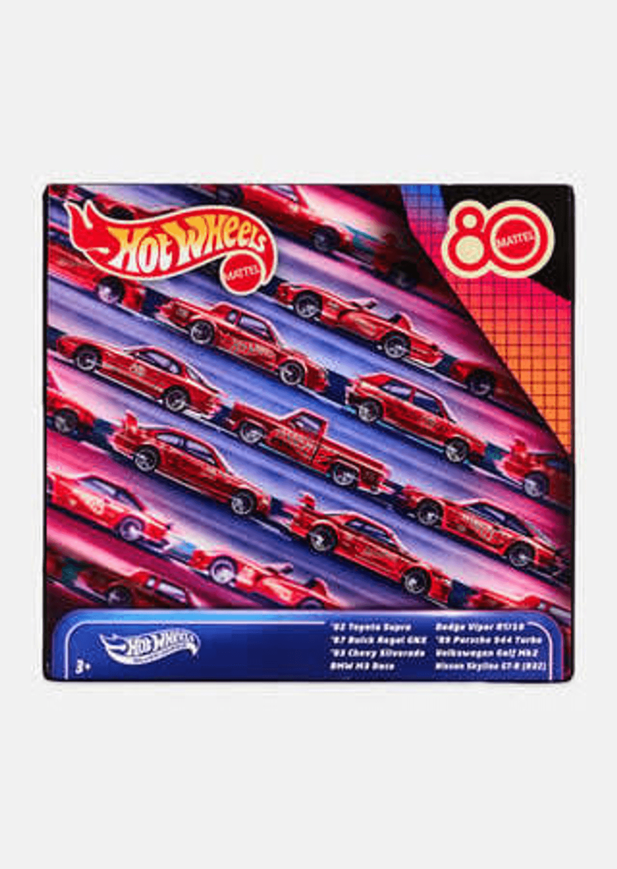 Un embalaje de Hot Wheels muestra muchos coches de juguete rojos en una pista.