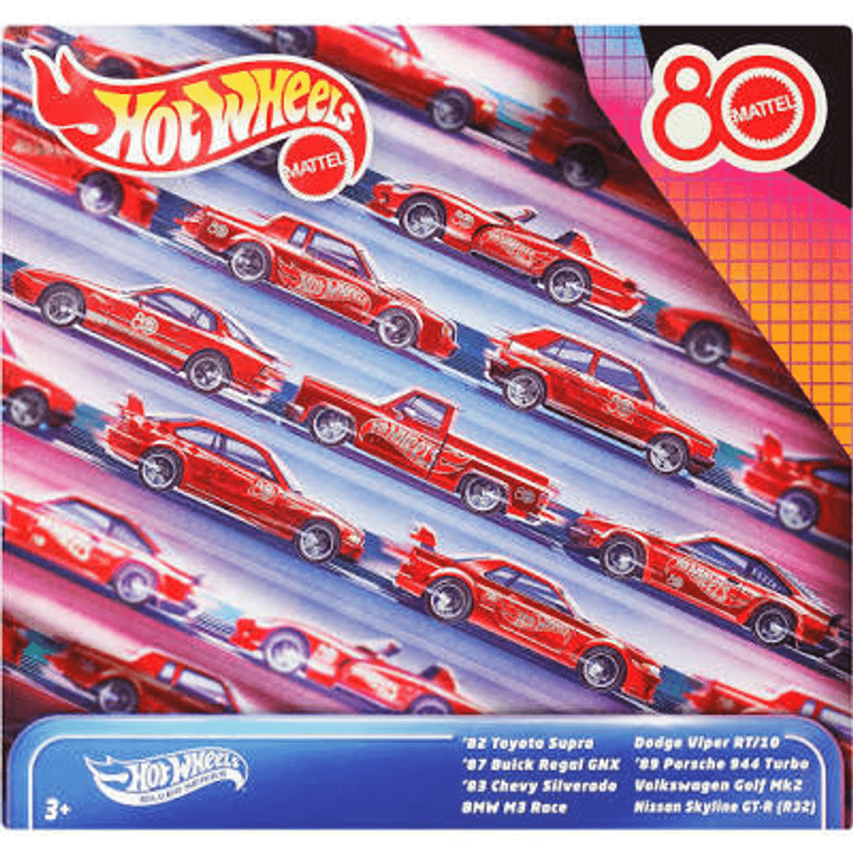 Embalaje de Hot Wheels con múltiples coches rojos y logotipo.