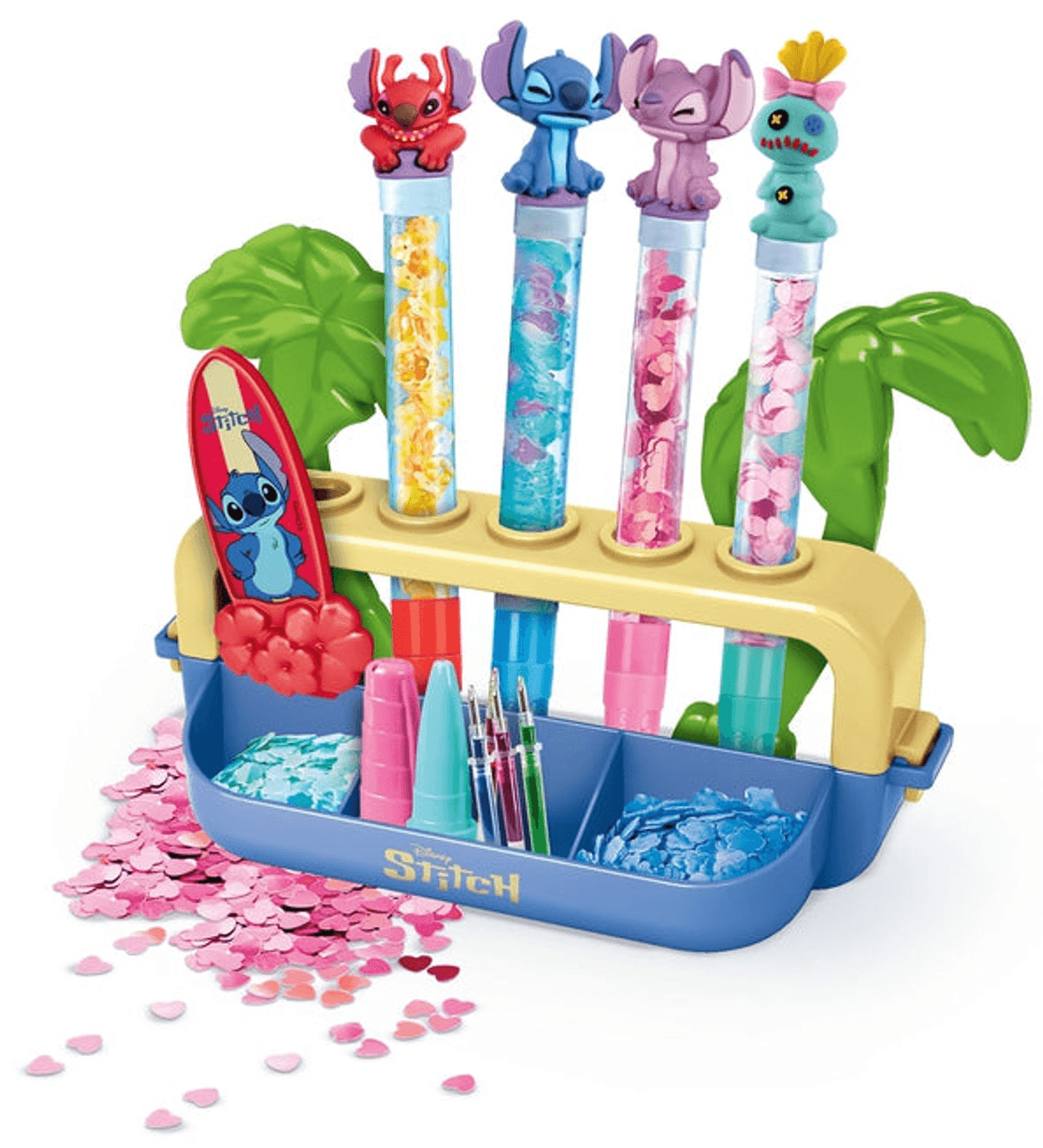 Set de manualidades de Stitch con cuatro tubos brillantes y confeti rosa.