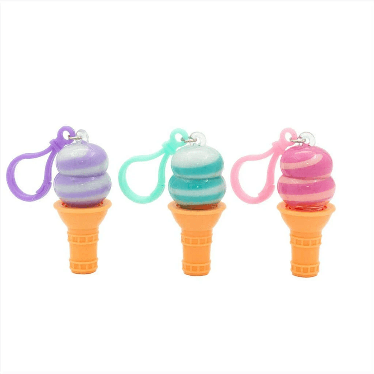 Tres llaveros de cono de helado en morado, verde azulado y rosa con cierres a juego sobre fondo blanco.
