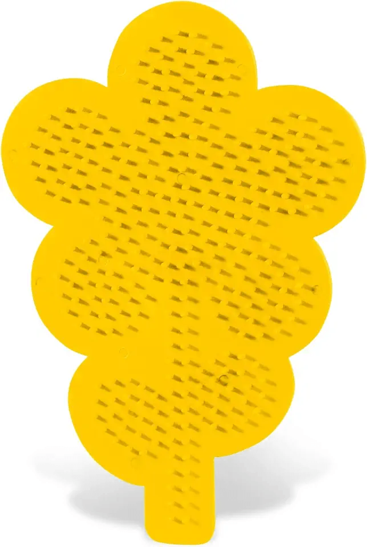 Alfombrilla de baño amarilla en forma de flor con pequeñas cerdas sobre fondo blanco.