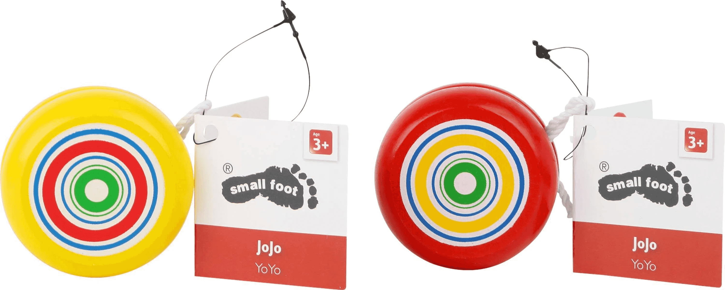 Dos yoyós de madera con anillos coloridos y etiquetas de la marca Small Foot sobre fondo blanco.