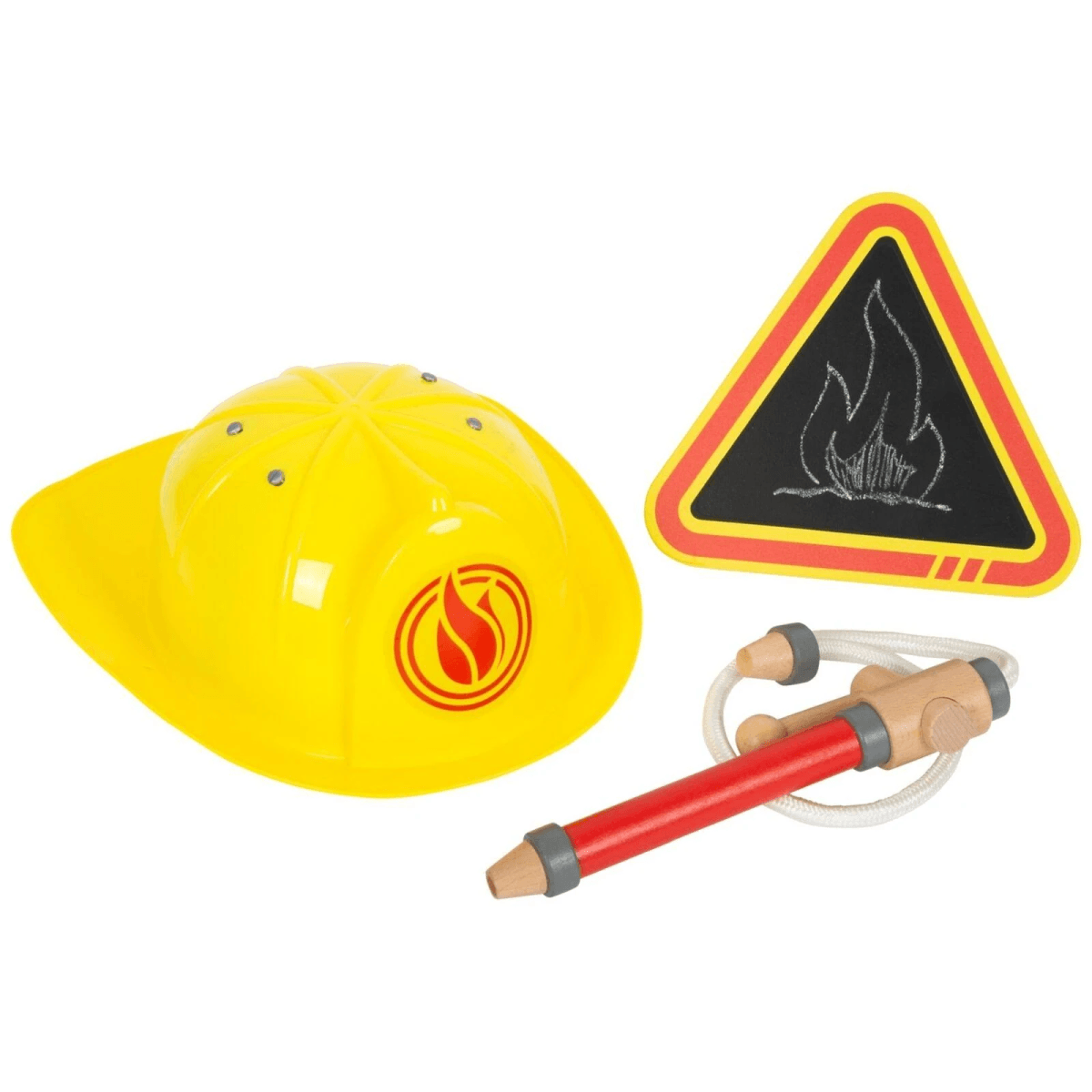 Set de juguete de bombero con casco amarillo, extintor de madera rojo y señal triangular con llama.