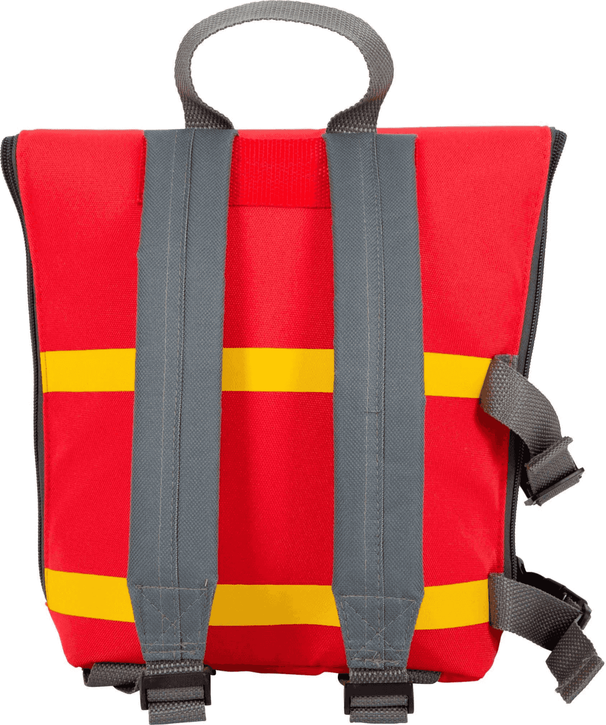 Mochila roja con correas grises y rayas amarillas sobre fondo blanco.