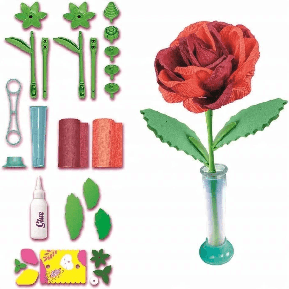 Un kit de manualidades con piezas a la izquierda y una rosa de papel roja montada en un florero a la derecha.