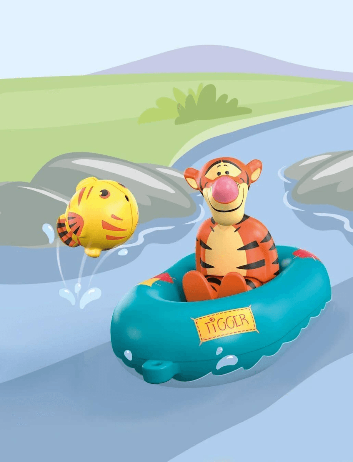 Tigger en un bote de juguete azul en un río, viendo un pez amarillo saltar.