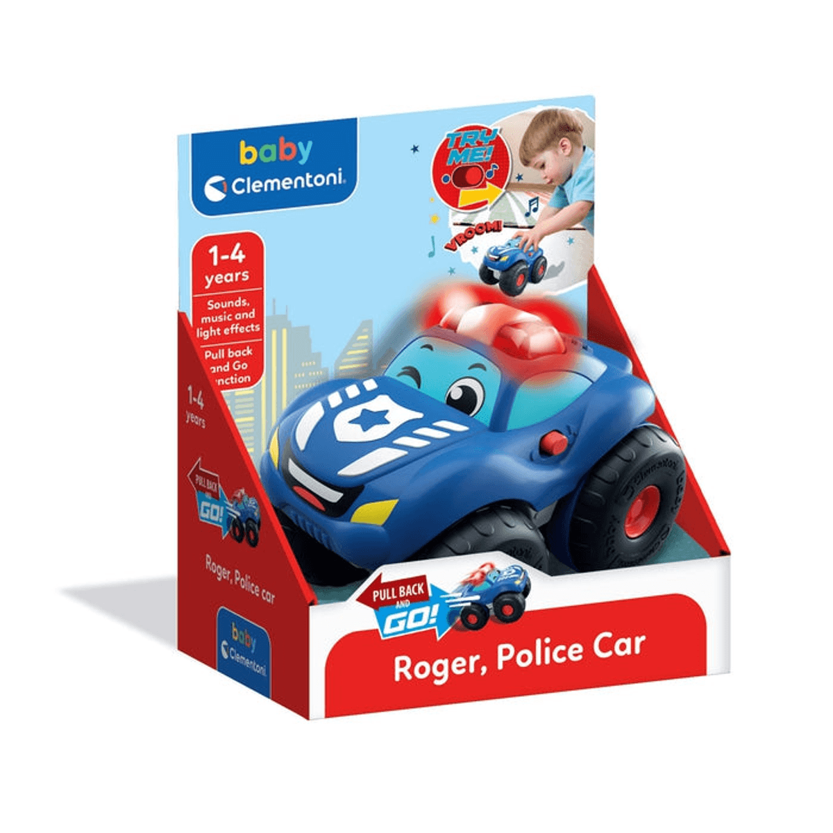 Caja de juguete de coche de policía azul Roger con luces y sonidos para niños de 1 a 4 años.