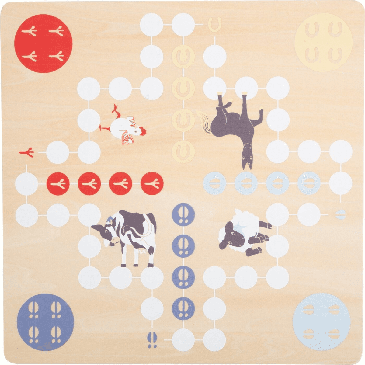 Un juego de mesa Ludo de madera con ilustraciones de animales como caballo, vaca, oveja y gallina.