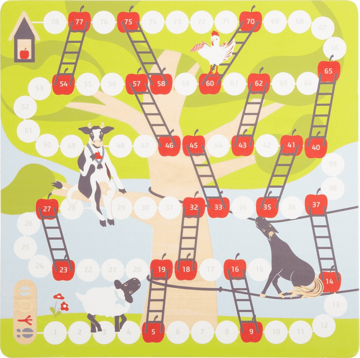 Un colorido juego de mesa presenta círculos numerados, casillas en forma de manzana y animales de granja.