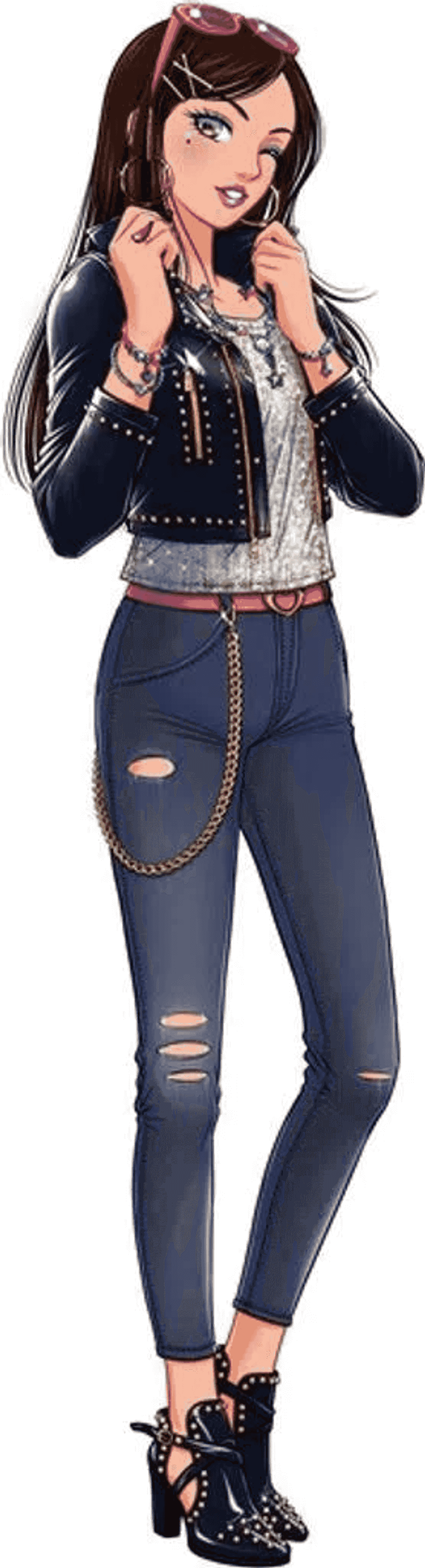 Chica anime con chaqueta de cuero negra, jeans rotos y botas de tacón.