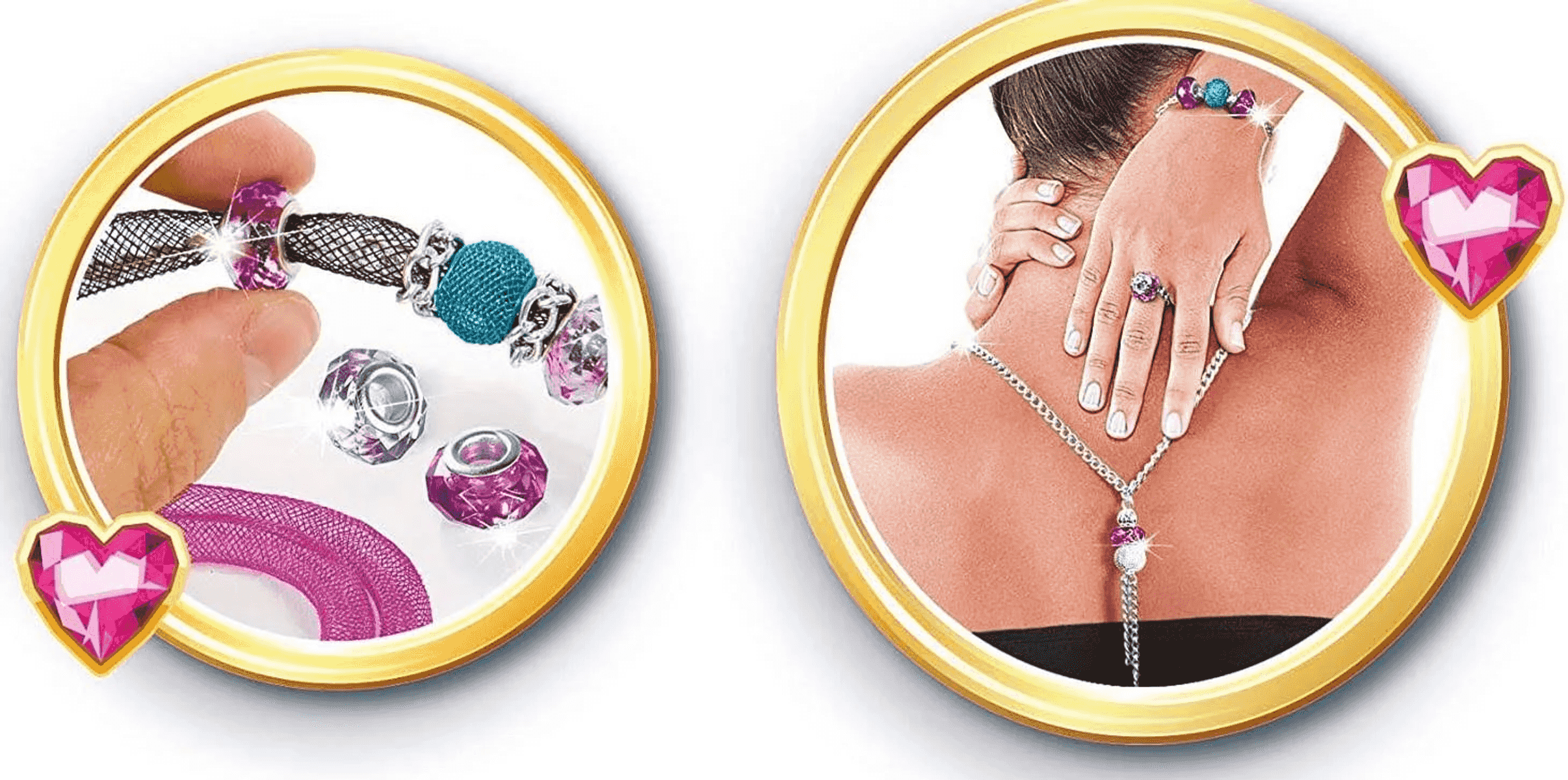 Manos elaborando una pulsera de malla colorida con abalorios brillantes, mostrada con una mujer usando joyas a juego.