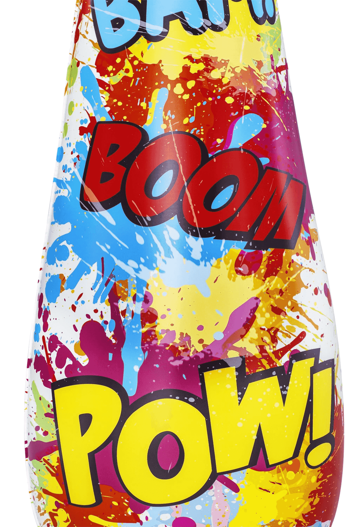 Superficie colorida con palabras de arte pop como BOOM y POW rodeadas de salpicaduras.
