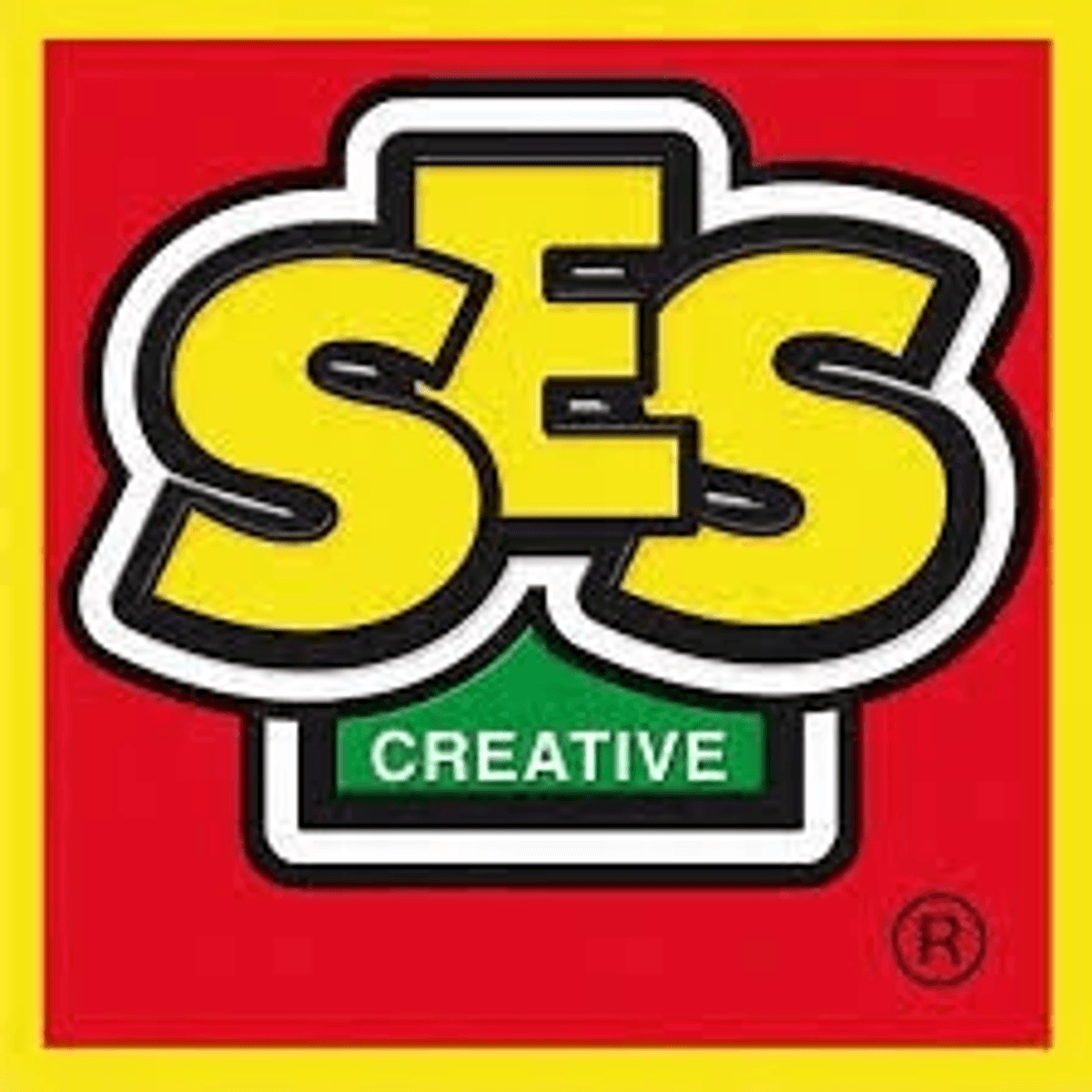 Logotipo con letras amarillas SES y texto verde Creative sobre fondo rojo.