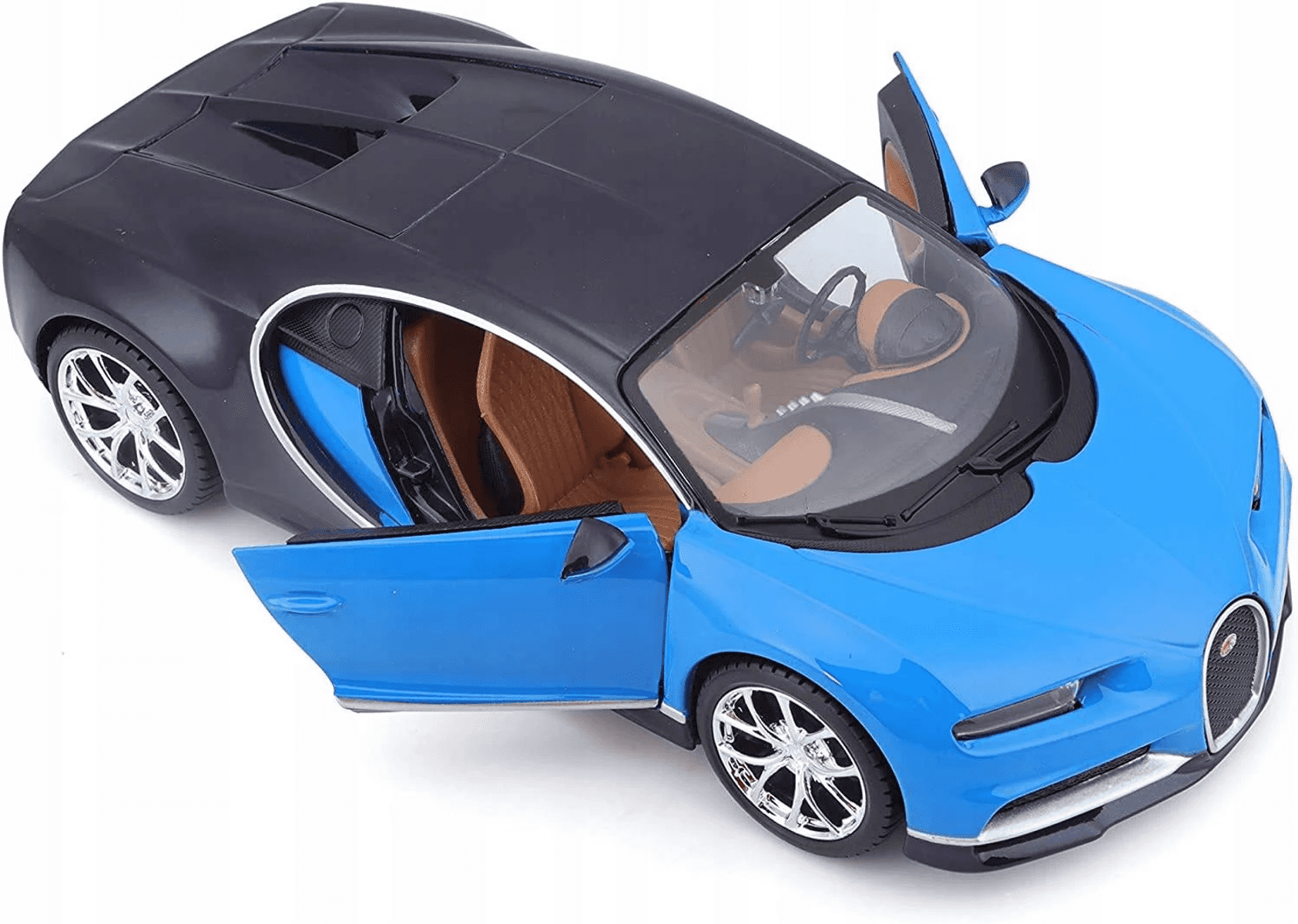 Modelo de coche deportivo azul y negro con puertas abiertas sobre fondo blanco.