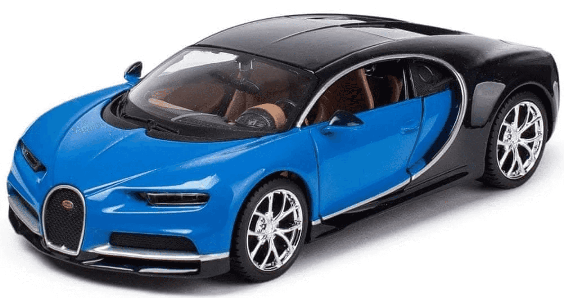Coche modelo de un deportivo azul y negro sobre fondo blanco.
