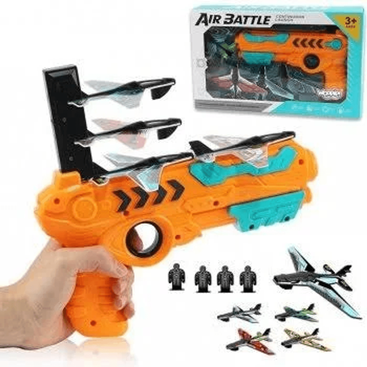 Blaster de juguete naranja con varios aviones pequeños, objetivos y su caja.