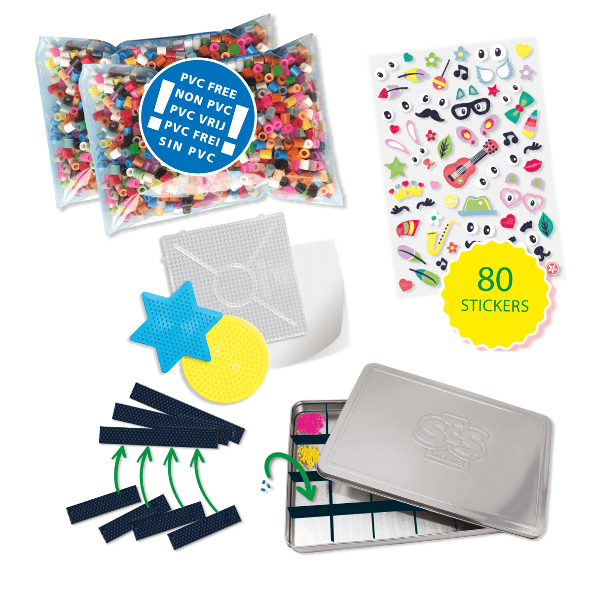 Set de manualidades con bolsas de cuentas, bases, una hoja con 80 pegatinas y una caja metálica.