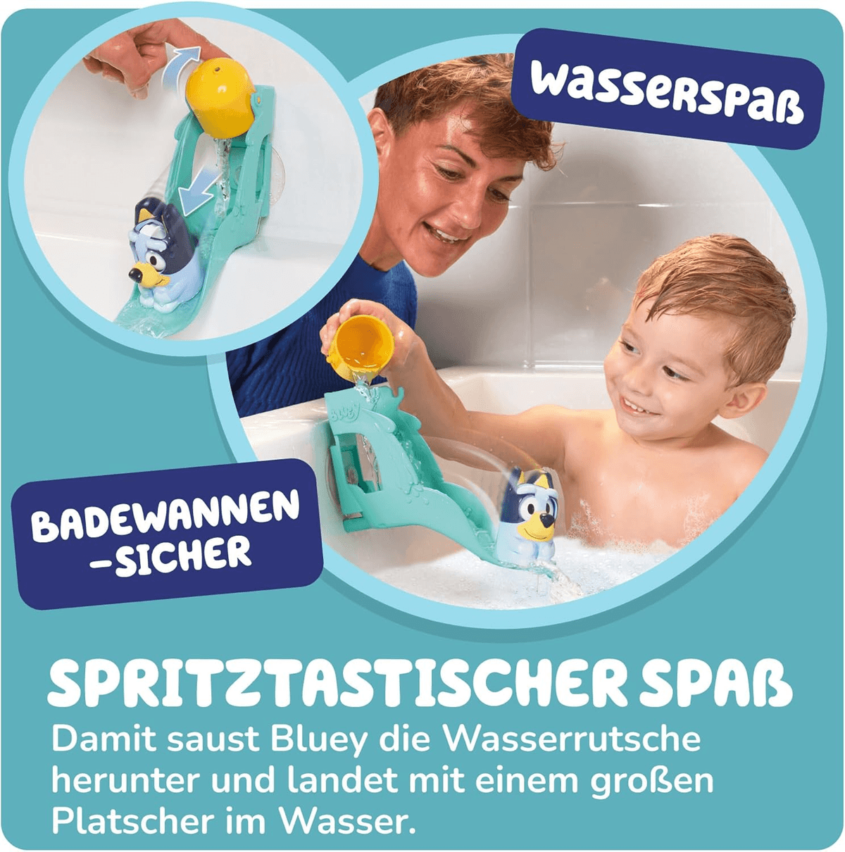 Un niño y una mujer sonrientes juegan con un juguete de Bluey en un tobogán de agua en una bañera.