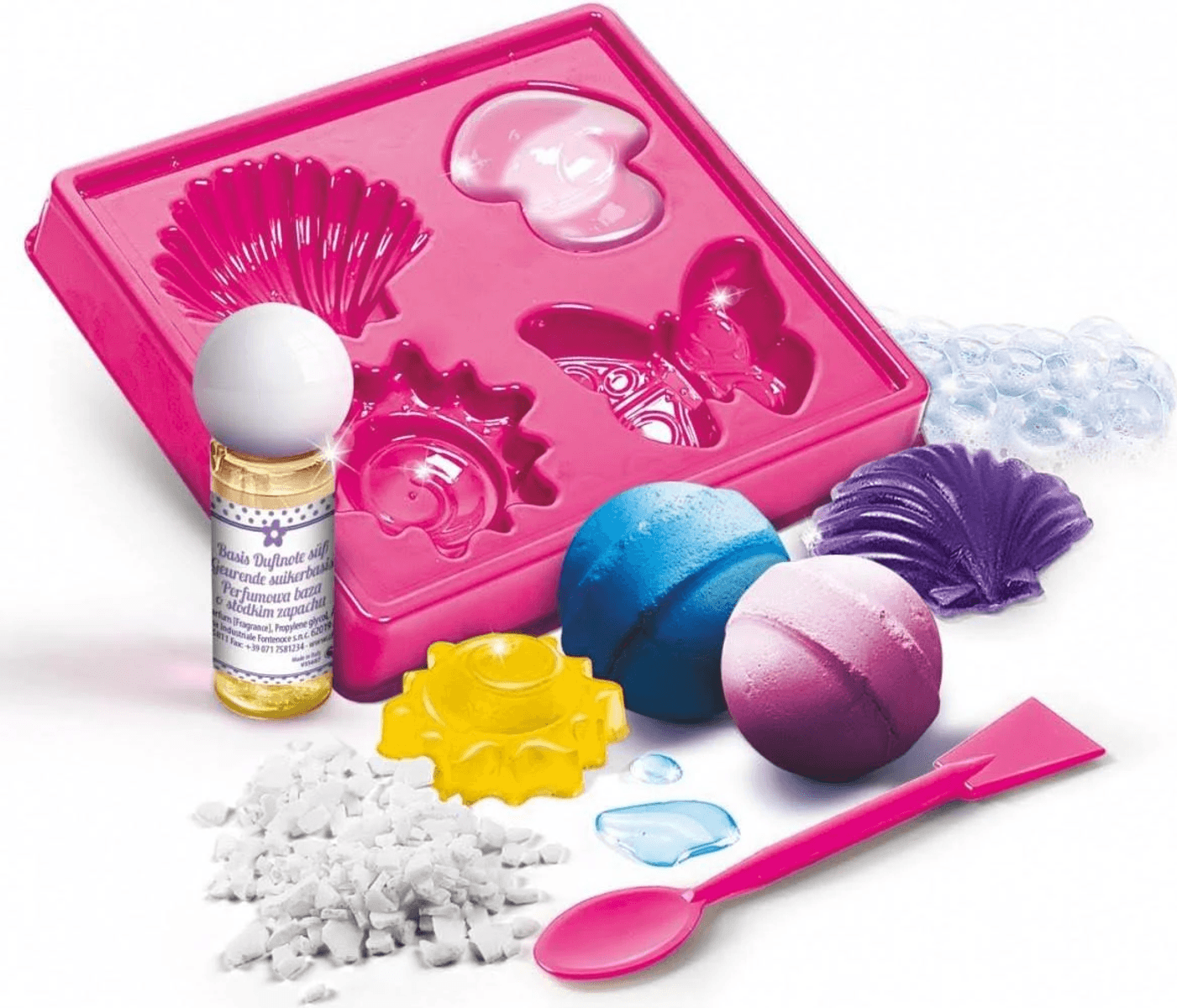 Kit para hacer bombas de baño con molde rosa, botella, esferas azules y moradas y accesorios.