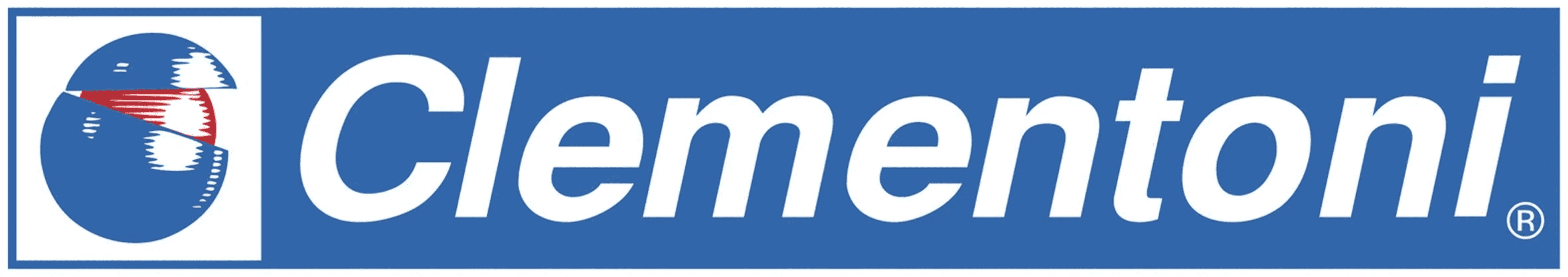 El logotipo de Clementoni presenta texto blanco sobre fondo azul, con un icono de círculo azul a la izquierda.
