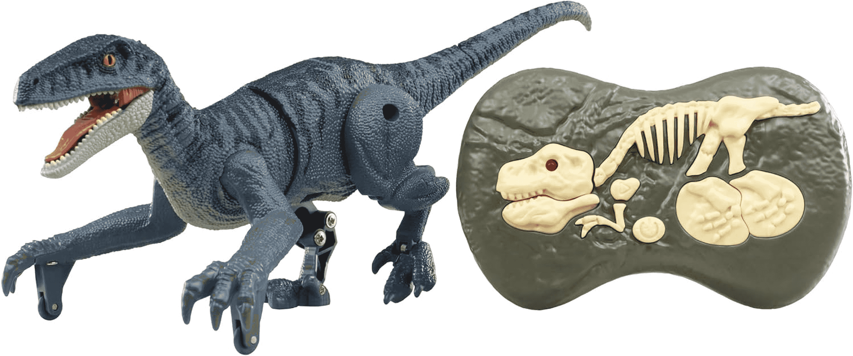Un dinosaurio de juguete azul con la boca abierta y un control remoto con forma de fósil.
