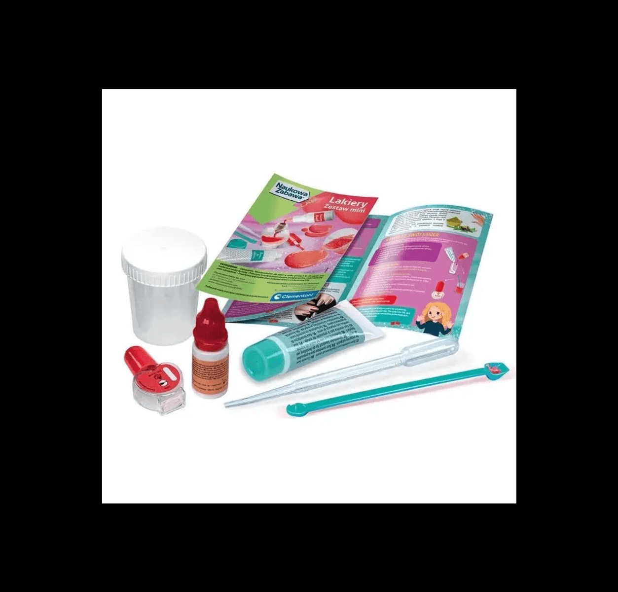 Un pequeño kit científico con botellas, un tubo, pipeta y un folleto de instrucciones sobre fondo blanco.