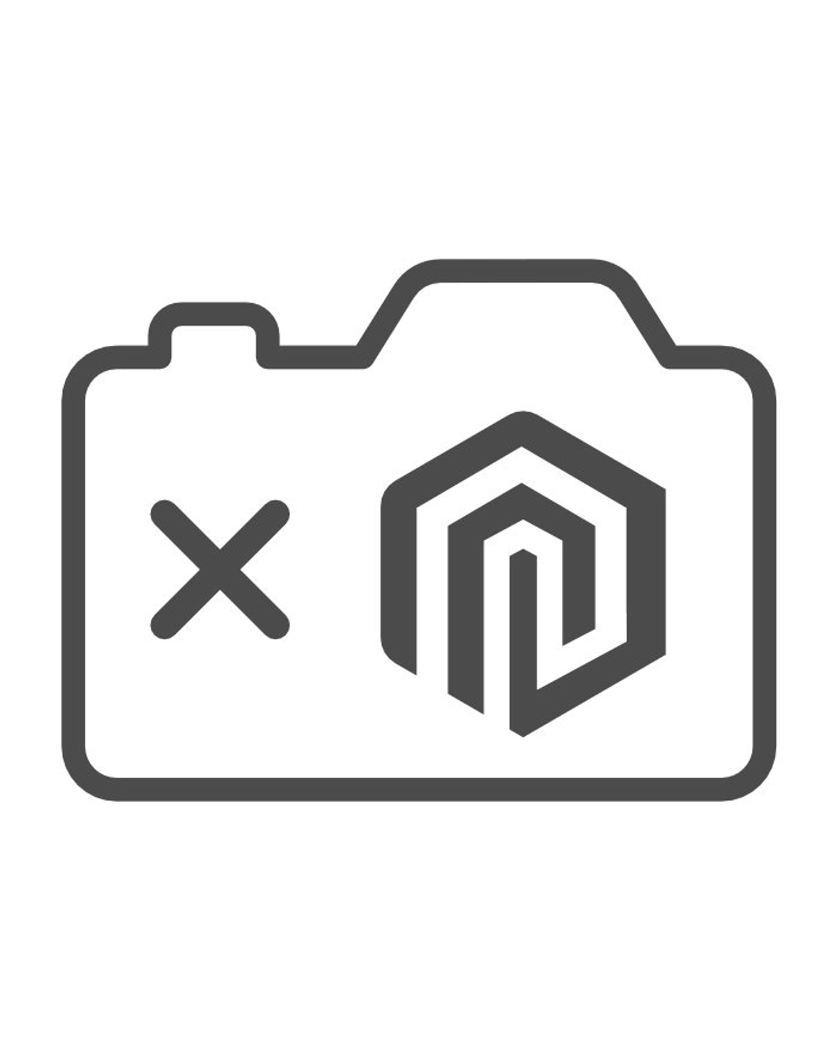 Un icono de cámara gris con una X y un logotipo hexagonal sobre un fondo blanco.