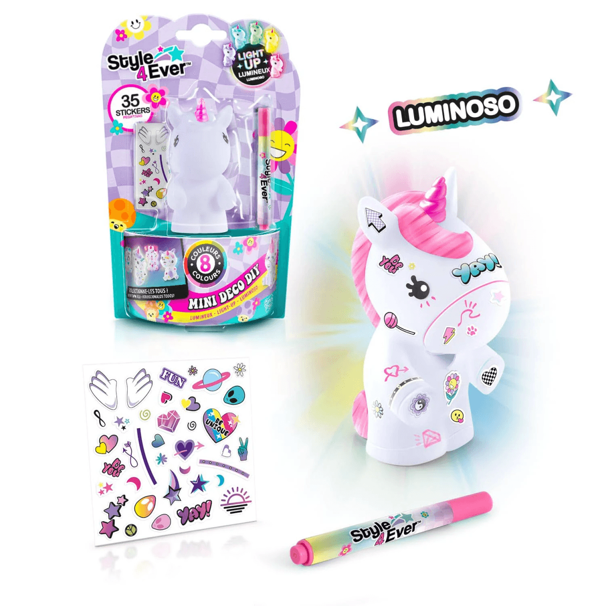 Un kit de manualidades con una figura de unicornio blanco, pegatinas, un bolígrafo y empaque colorido.