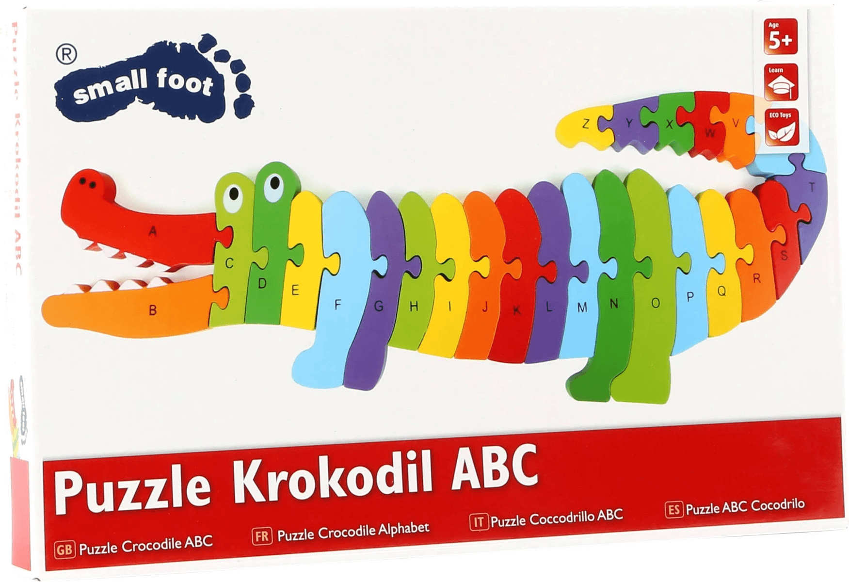 Colorido rompecabezas de cocodrilo de madera con el abecedario de la A a la Z en una caja.