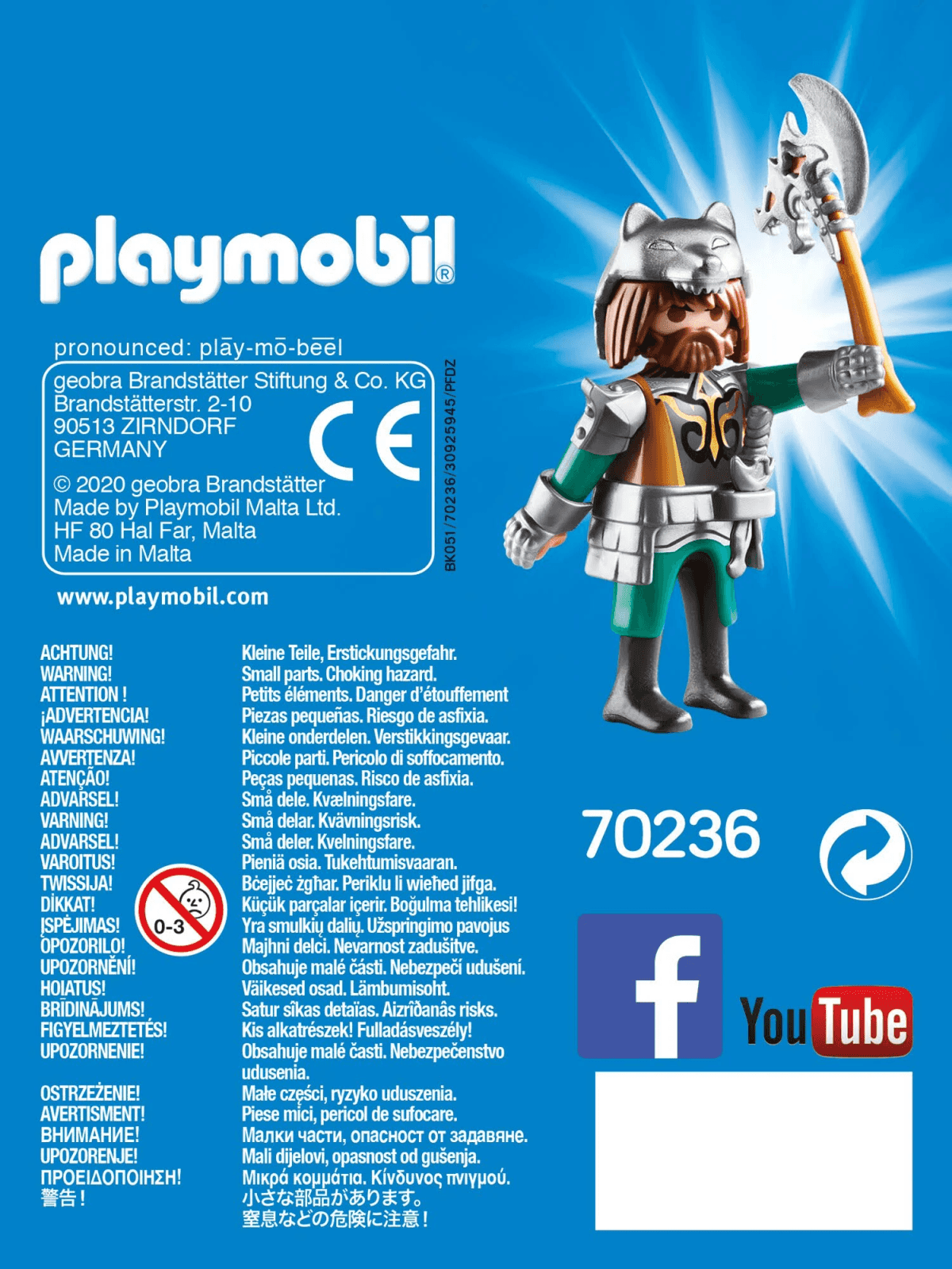Figura de guerrero Playmobil con gorro de lobo y hacha sobre fondo azul con texto de advertencia.