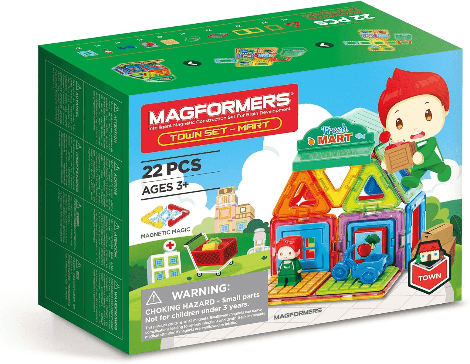 Caja Magformers Town Set-Mart con 22 piezas magnéticas, tienda, figuras y texto de advertencia.
