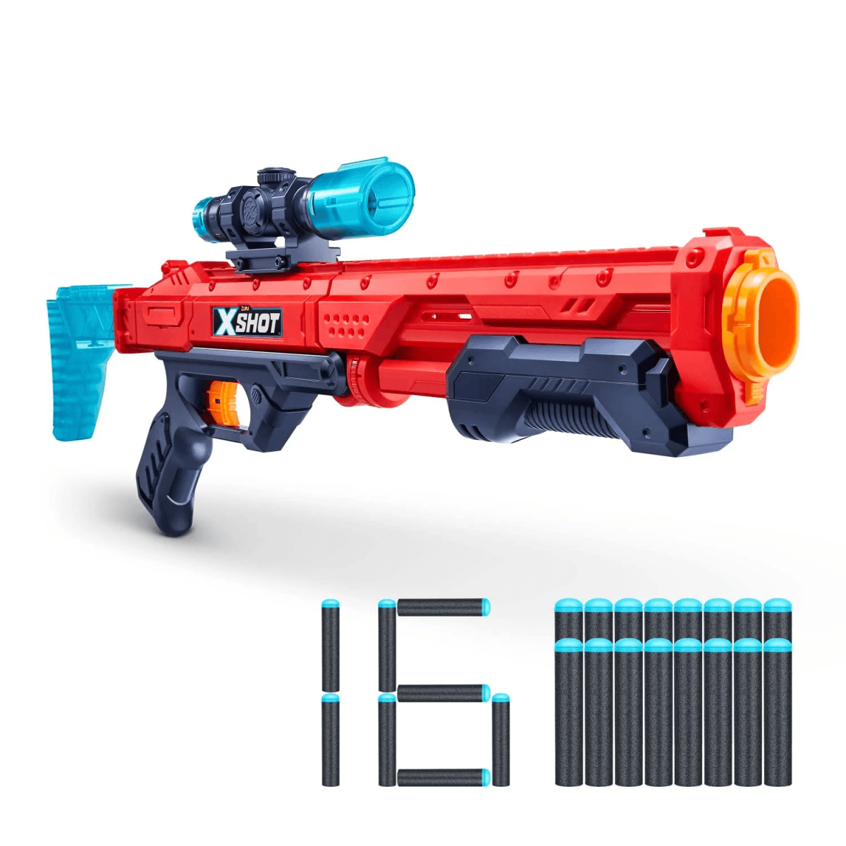 Un rifle de juguete rojo y azul con mira y dieciséis dardos de espuma sobre un fondo blanco.