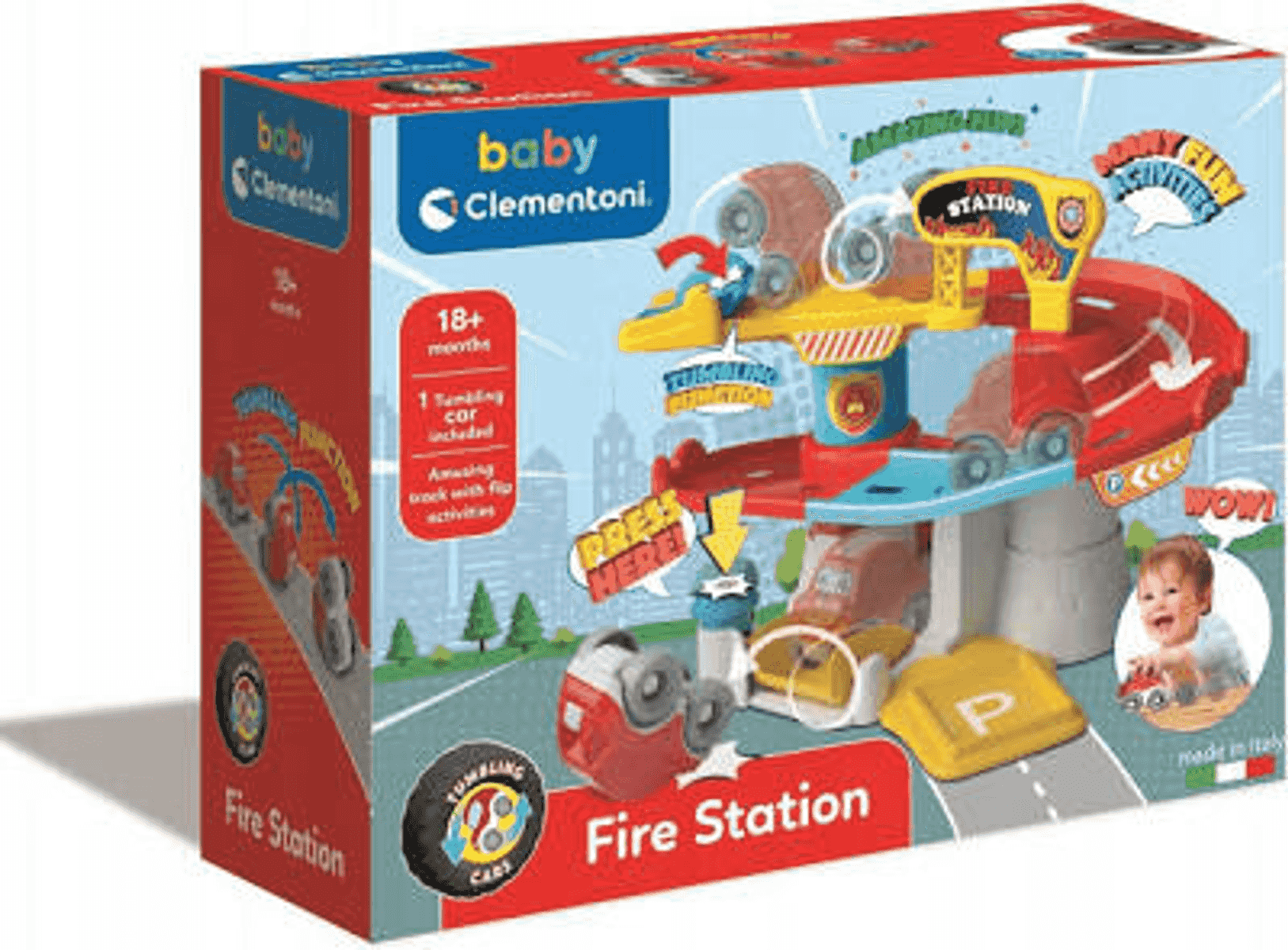 Caja colorida de juguete de estación de bomberos Baby Clementoni con pista espiral y carritos.