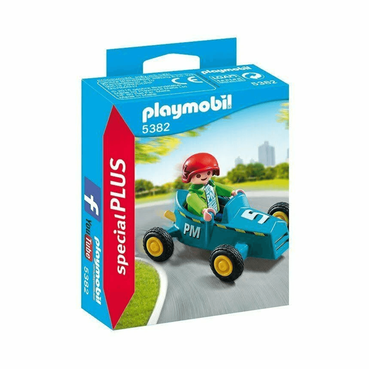 Caja Playmobil 5382 con figura con casco rojo conduciendo un coche de carreras azul.