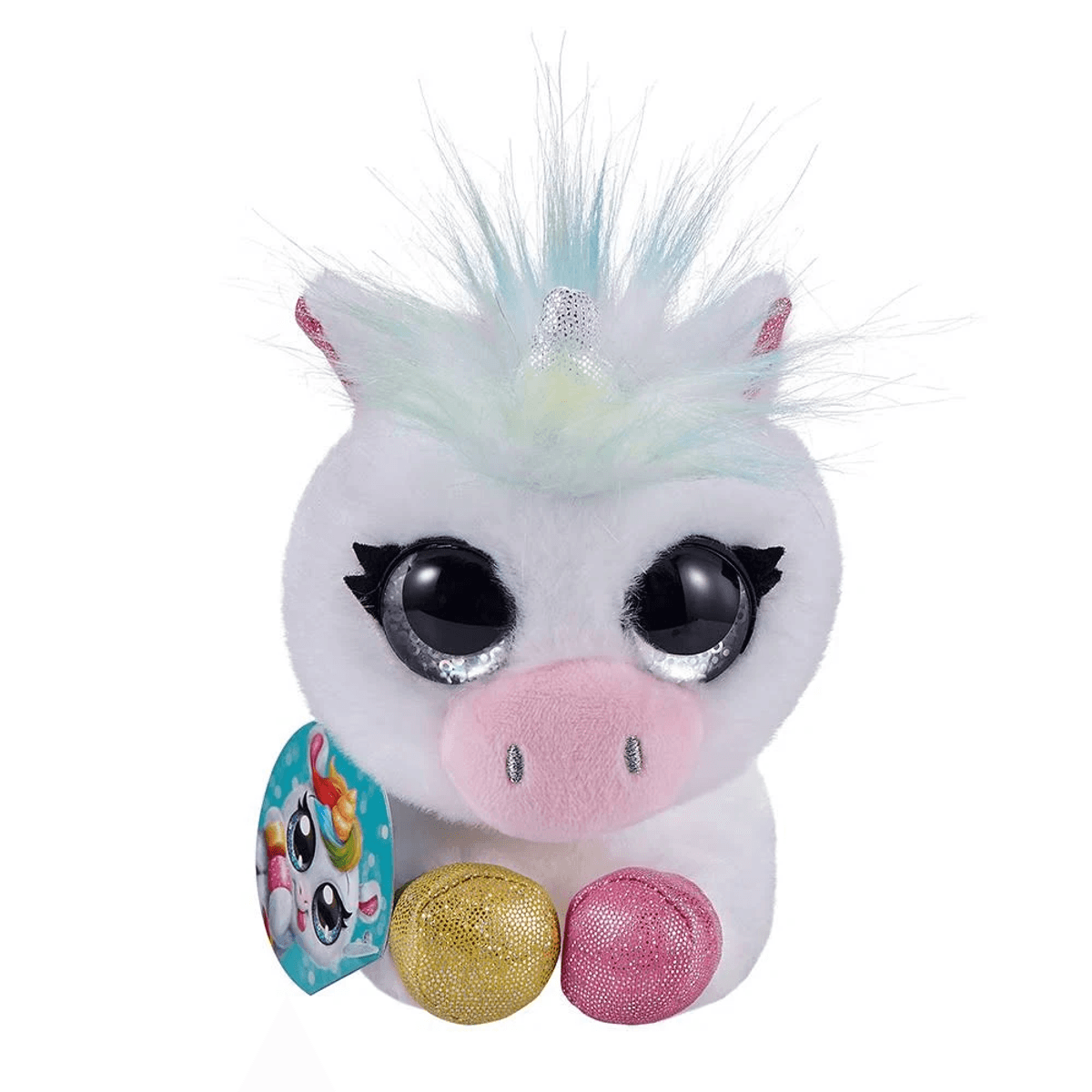 Licorne en peluche avec de grands yeux noirs, de la fourrure blanche, des cheveux colorés et des boules pailletées.