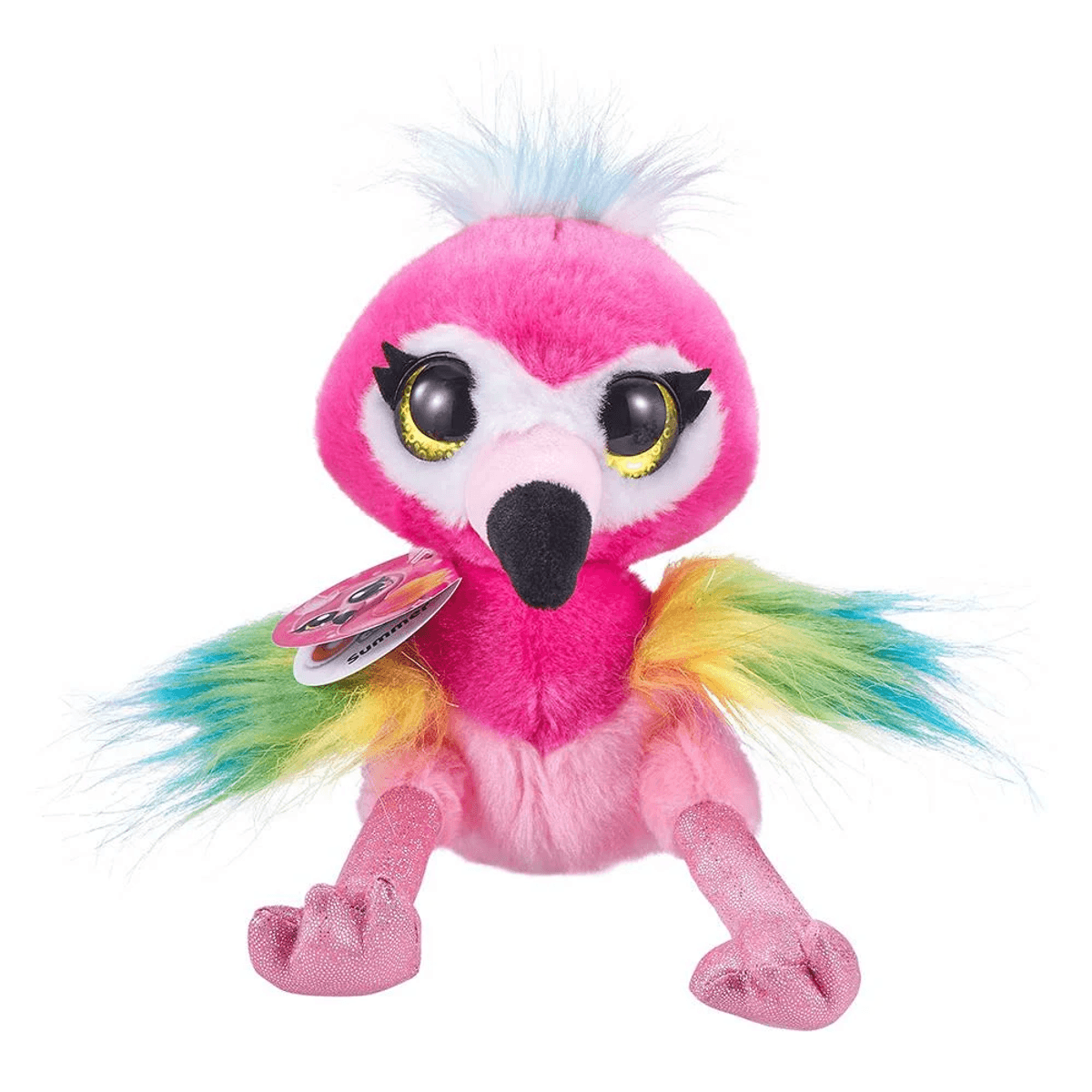Une peluche flamant rose avec de grands yeux pailletés, des ailes arc-en-ciel et des cheveux bleus sur fond blanc.