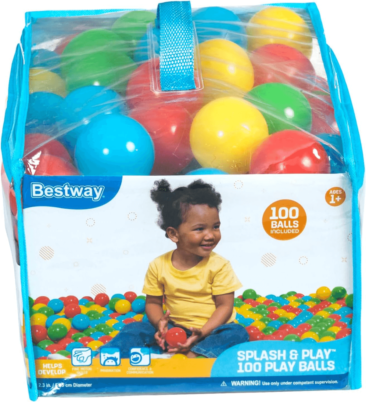 Pelotas de juego Bestway en bolsa azul, un niño sentado rodeado de pelotas.