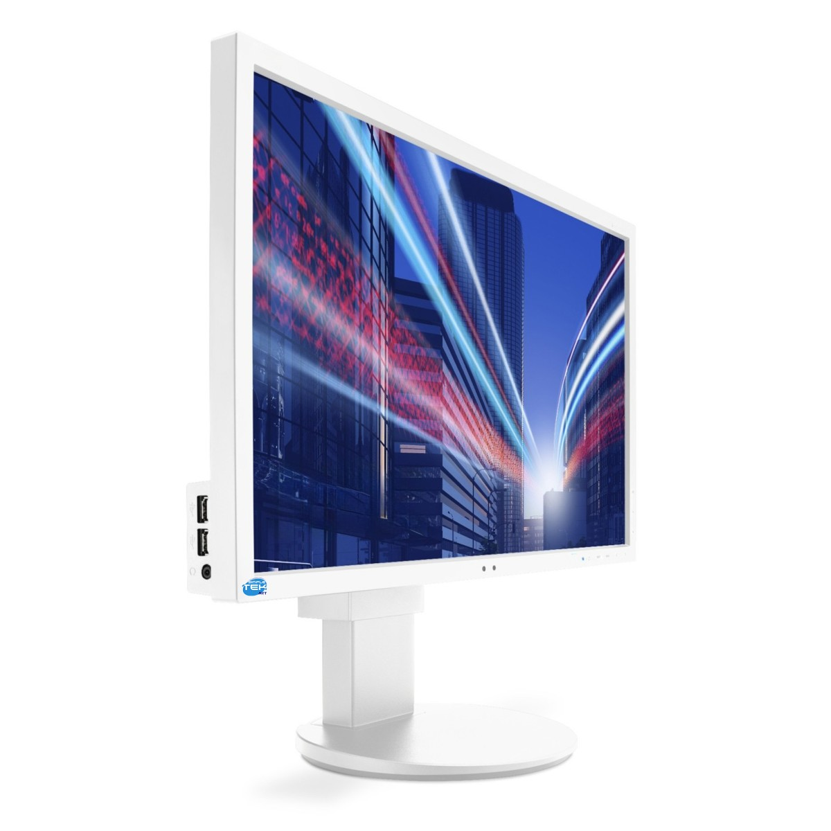 Un monitor per computer bianco che mostra lo skyline di una città su sfondo bianco.
